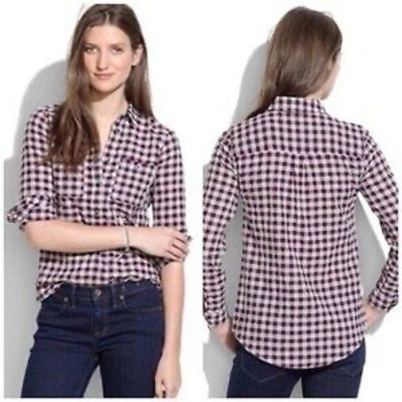 Madewell Women’s XS Gingham Plaid Mini Check Market Popover Button Front Top - Picture 1 of 9
